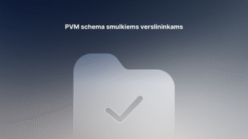 Aplanko piktograma su žymekliu rodoma gradientiniame mėlynai pilkame fone. Virš aplanko yra lietuviškas tekstas: "PVM schema smulkiems verslininkams.