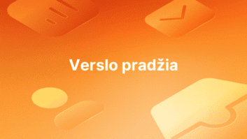 Baltas tekstas "Verslo pradžia" yra oranžinio gradiento fone su abstrakčiomis pusiau permatomomis įvairių oranžinių ir geltonų atspalvių piktogramomis. | Sąskaita123 Baltas tekstas "Verslo pradžia" yra oranžinio gradiento fone su abstrakčiomis pusiau permatomomis įvairių oranžinių ir geltonų atspalvių piktogramomis.