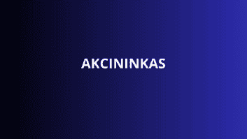 Paveikslėlyje paryškintas baltas tekstas paryškintas žodis „AKCININKAS“, kurio centre yra gradientinis fonas, pereinantis nuo tamsiai mėlynos kairėje iki šviesesnės mėlynos spalvos dešinėje.