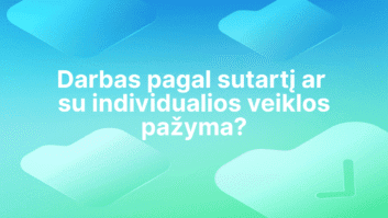 Tekstas lietuvių kalba mėlyname ir žaliame gradiento fone: "fone matomos abstrakčios figūros.