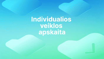 Tekstas lietuvių kalba "Individualios veiklos apskaita" yra centre mėlynai žaliame gradientiniame fone su švelniomis abstrakčiomis formomis ir laikrodžio piktograma apatiniame dešiniajame kampe.
