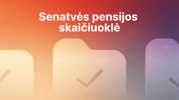 Gradientinis fonas su aplanko piktogramomis ir žymekliais, o viršuje - lietuviškas tekstas "Senatvės pensijos skaičiuoklė", kuris reiškia "Senatvės pensijų skaičiuoklė".