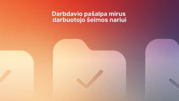 Gradientinis fonas su trimis aplanko piktogramomis, kurių centrinėje yra žymeklis. Viršuje lietuviškas tekstas: "Darbdavio pašalpa mirus darbuotojo šeimos nariui.