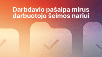 Baltas tekstas lietuvių kalba gradiento fone skamba taip: "Darbdavio pašalpa mirus darbuotojo šeimos nariui." Apatinėje paveikslėlio dalyje yra abstrakčios aplanko piktogramos su žymekliais.