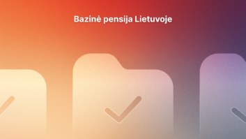 Gradientinis fonas su aplankų piktogramomis ir žymekliais, o viršuje - baltas tekstas "Bazinė pensija Lietuvoje", kuris išvertus reiškia "Bazinė pensija Lietuvoje".