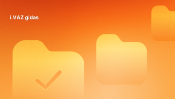 Oranžinis gradientinis fonas su trimis geltonomis aplanko piktogramomis, viena iš jų su žymekliu, o viršutiniame kairiajame kampe baltai užrašytas tekstas "i.VAZ gidas".