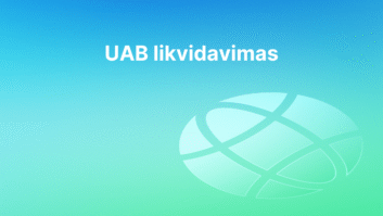 Tekstas "UAB likvidavimas" centruotas mėlynai žaliame gradiento fone, o apatiniame dešiniajame kampe pavaizduotas permatomas gaublys. | Sąskaita123 Tekstas "UAB likvidavimas" centruotas mėlynai žaliame gradiento fone, o apatiniame dešiniajame kampe pavaizduotas permatomas gaublys.
