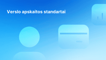 Šviesiai mėlynas gradientinis fonas su baltu tekstu "Verslo apskaitos standartai" ir abstrakčiomis finansinėmis piktogramomis, įskaitant apskritimą ir į kortelę panašų stačiakampį, dešinėje ir kairėje pusėje.