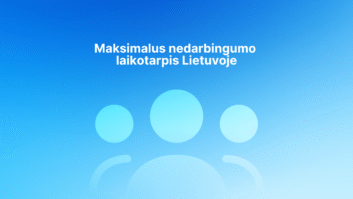 Baltas lietuviškas tekstas "Maksimalus nedarbingumo laikotarpis Lietuvoje" mėlyname fone su trimis abstrakčiomis apskritomis figūromis, vaizduojančiomis žmones.