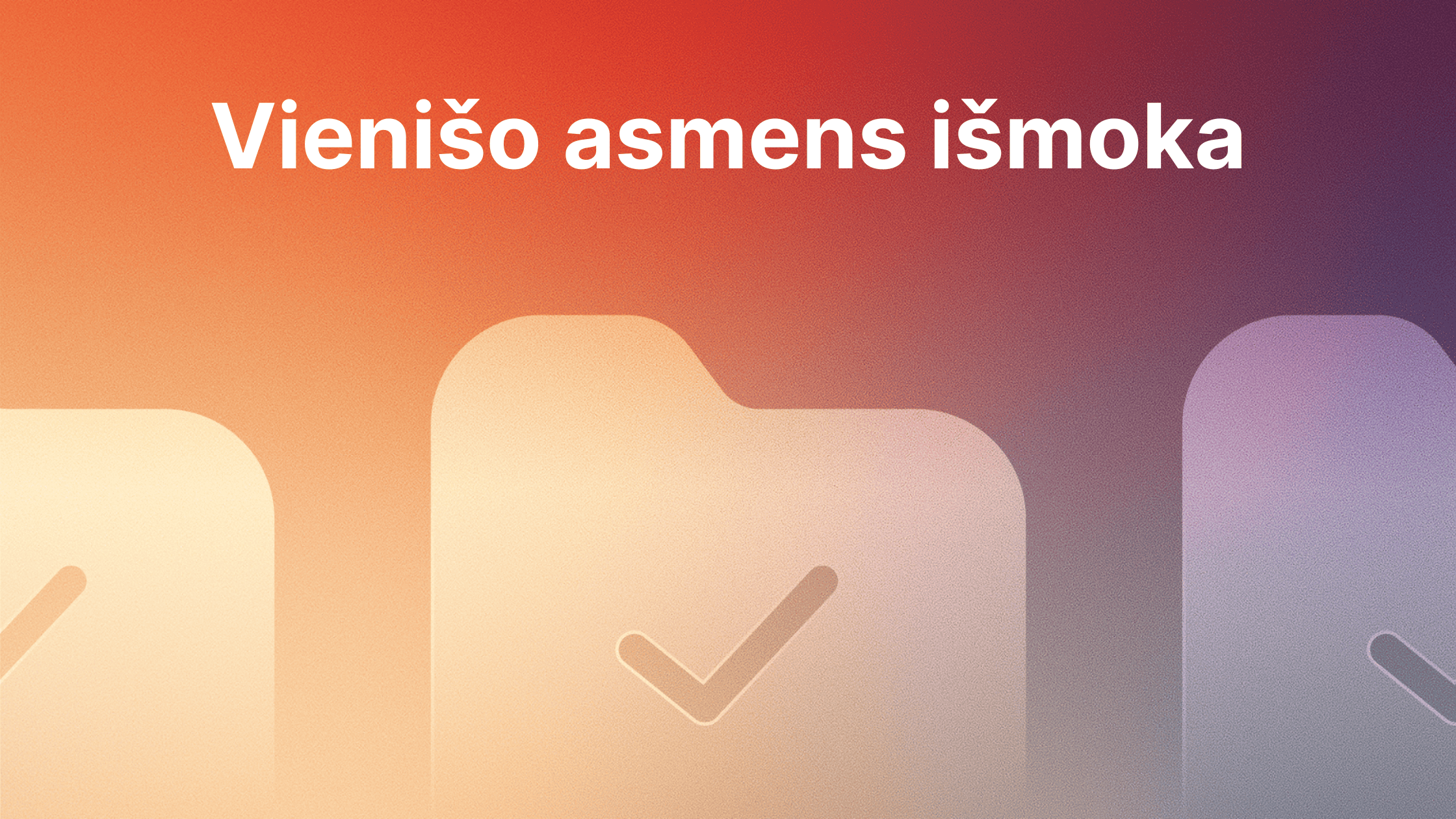 Baltas tekstas "Vienišo asmens išmoka" gradientiniame fone su aplanko piktogramomis ir žymekliais.