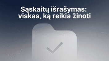 Didelė aplanko piktograma su žymekliu rodoma žemiau lietuviško teksto, kuris verčiamas taip: "Sąskaitų faktūrų išdavimas: viskas, ką jums reikia žinoti", esančio gradientiniame mėlyname fone.