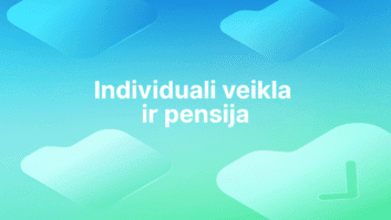 Baltas tekstas "Individuali veikla ir pensija" mėlyname ir žaliame gradientiniame fone su abstrakčiomis suapvalintomis formomis ir laikrodžio piktograma apatiniame dešiniajame kampe.