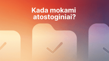 Gradientinis fonas su didelėmis aplanko piktogramomis ir išryškintu baltu tekstu lietuvių kalba: "Kada mokami atostoginiai?" (Kada mokami atostoginiai?).