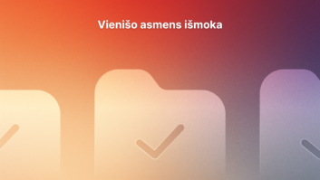 Grafikas su pereinančiu oranžiniu į violetinį fonu, kuriame pavaizduotos didelės aplanko piktogramos su žymekliais ir lietuviškas tekstas "Vienišo asmens išmoka" viršutiniame centre.