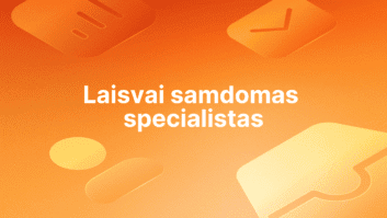 Baltas tekstas lietuvių kalba "Laisvai samdomas specialistas" oranžinės spalvos fone su abstrakčiomis, pusiau permatomomis figūromis.