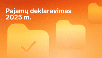 Oranžinis gradientinis fonas su trimis aplanko piktogramomis, viena iš jų su žymekliu. Baltas tekstas lietuvių kalba: "Pajamų deklaravimas 2025 m." (Pajamų deklaracija 2025 m.).