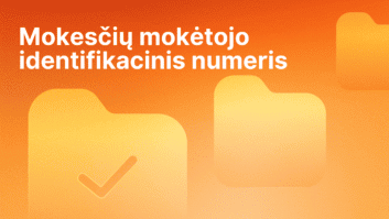 Oranžinis fonas su dideliu baltu tekstu lietuvių kalba "Mokesčių mokėtojo identifikacinis numeris" ir trimis geltonomis aplanko piktogramomis, iš kurių viena yra su varnele.