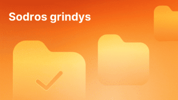 Oranžinis gradientinis fonas su trimis geltonomis aplanko piktogramomis, kurių vienoje yra žymeklis. Viršutiniame kairiajame kairiajame kampe esančiame paryškintame baltame tekste rašoma "Sodros grindys.