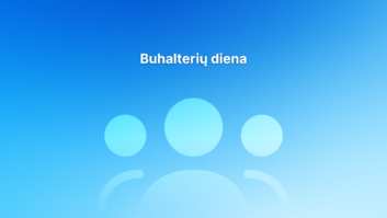 Šviesiai mėlynas gradientinis fonas su trimis supaprastintomis stilizuotomis žmonių figūromis ir lietuvišku tekstu "Buhalterių diena" centre viršuje.
