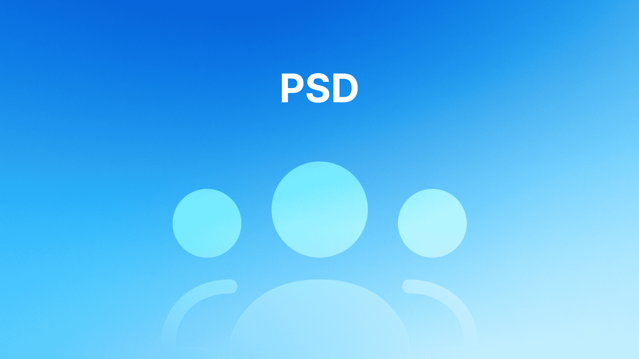 Baltos raidės "PSD" mėlyname gradiento fone su supaprastinta trijų žmonių piktograma šviesiai mėlyna spalva.