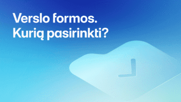 Baltas tekstas mėlyname gradiento fone skamba taip: "Verslo formos. Kurią pasirinkti?" lietuvių kalba, o apatiniame dešiniajame kampe yra stilizuota varnelės piktograma.