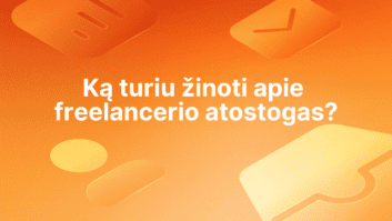 Baltas lietuviškas tekstas "Ką turiu žinoti apie laisvai samdomų darbuotojų atostogas?" oranžiniame fone su abstrakčiomis piktogramomis.