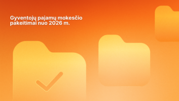 Oranžinis fonas su trimis geltonomis aplanko piktogramomis, viena iš jų su žymekliu. Lietuviškas tekstas: "Gyventojų pajamų mokesčio pakeitimai nuo 2026 m." (Pajamų mokesčio pakeitimai nuo 2026 m.).