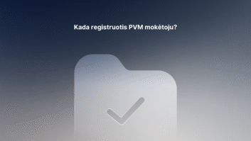 Pilka aplanko piktograma su žymekliu rodoma mėlyname gradiento fone. Viršuje yra tekstas lietuvių kalba: "Kada registruotis PVM mokėtoju?". (Kada registruotis PVM mokėtoju?).