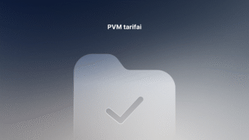 Gradientinis fonas su tekstu "PVM tarifai" viršuje ir didele pusiau permatoma aplanko piktograma su žymekliu centre.