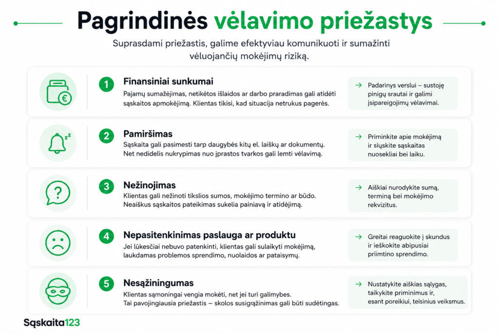 Infografika pavadinimu „Pagrindinės vėlavimo priežastys“, kurioje pateiktos penkios iliustruotos vėluojamų mokėjimų priežastys, kiekviena su piktograma, paaiškinimu ir patarimais, kaip sumažinti riziką; viskas pateikta žalios ir baltos spalvų.