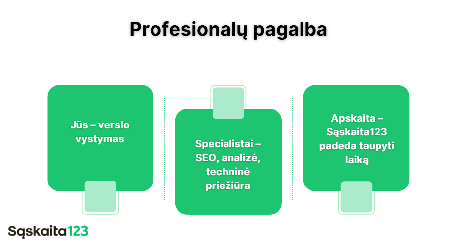 Trys žali langeliai, sujungti brūkšninėmis linijomis, po pavadinimu "Profesionalų pagalba". Langeliuose parašyta: "Jūs - verslo vystymas", "Specialistai - SEO, analizė, techninė priežiūra" ir "Apskaita - Sąskaita123 padeda taupyti laiką.