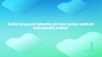 Baltas lietuviškas tekstas apie mokesčių lengvatą pirmaisiais individualios veiklos metais pateikiamas mėlynos ir žalios spalvų gradiento fone su abstrakčiomis permatomomis geometrinėmis figūromis.