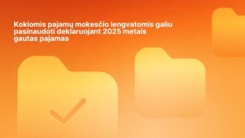 Oranžinis fonas su trimis aplanko piktogramomis, viena iš jų su žymekliu. Lietuviškas tekstas: "Kokiomis pajamų mokesčio lengvatomis galiu pasinaudoti deklaruojant 2025 metais gautas pajamas.