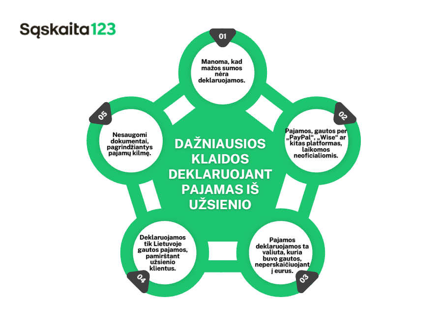 Diagramos su penkiais apskritimais aplink centrą, vaizduojantis dažniausias klaidas deklaruojant pajamas iš užsienio, išvardijant tokias klaidas kaip nedeklaruotos sumos ar pajamos iš neoficialių šaltinių.