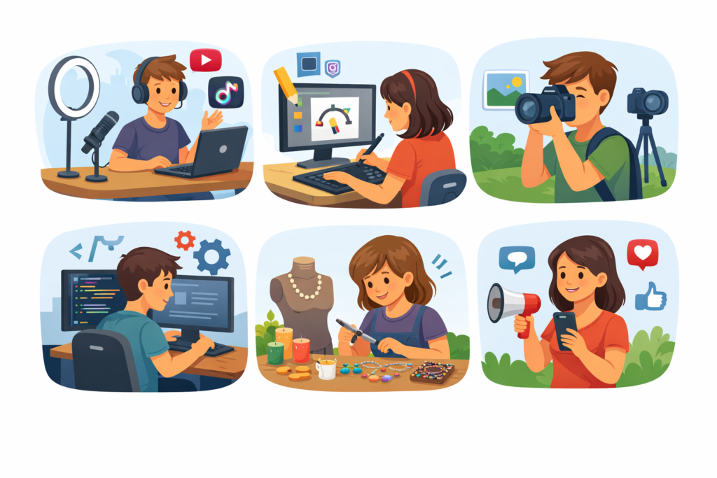 Šešios karikatūrinės iliustracijos, kuriose pavaizduoti vaikai, užsiimantys skaitmenine ir kūrybine veikla: podcastingu, skaitmeniniu menu, fotografija, kodavimu, papuošalų gamyba, naudojantys telefoną su megafonu ir socialinės žiniasklaidos piktogramomis.