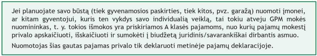 Stačiakampio formos langelis su lietuvi&scaron;ku tekstu, kuriame paai&scaron;kinamos nekilnojamojo turto nuomos mokesčių taisyklės, nurodomos pajamų deklaracijos, mokesčių tarifai ir atitinkami subjektai, pavyzdžiui, įmonės, fiziniai asmenys ar savaranki&scaron;kai dirbantys asmenys.