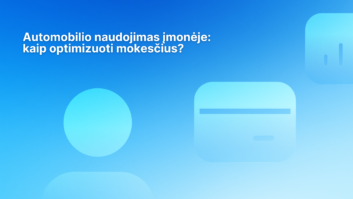 Baltas tekstas lietuvių kalba mėlyname gradientiniame fone su abstrakčiomis piktogramomis. Tekste rašoma: "Automobilio naudojimas įmonėje: kaip optimizuoti mokesčius?.