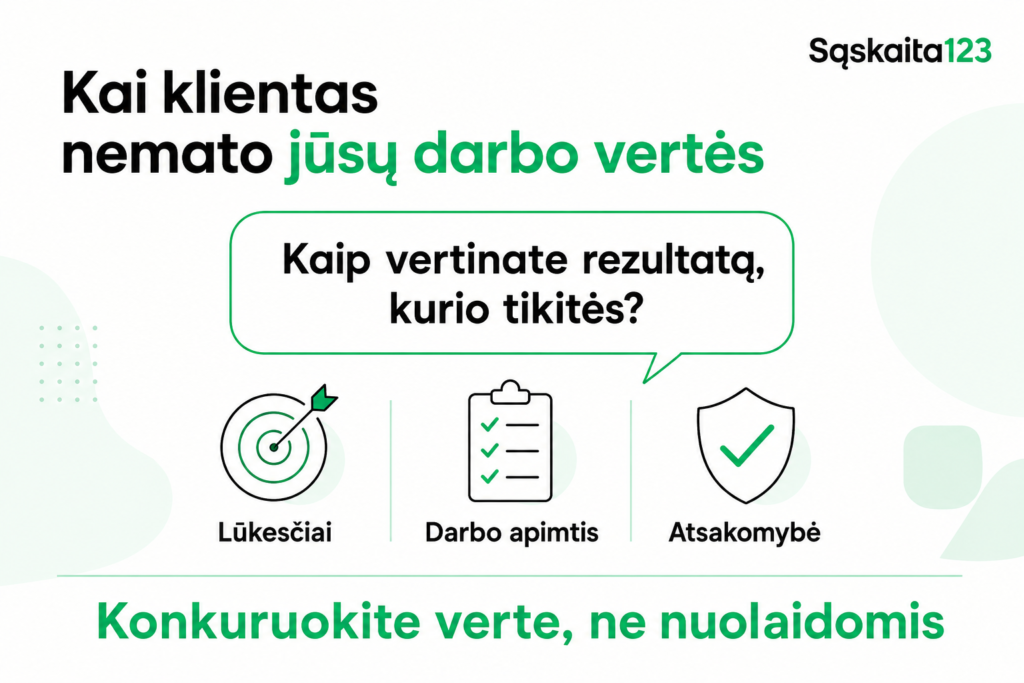 Infografika lietuvių kalba apie verslo vertę: &bdquo;Kai klientas nemato jūsų darbo vertės&ldquo;. Piktogramos, vaizduojančios lūkesčius, darbo apimtį, atsakomybę, ir žinutė: &bdquo;Konkuruokite verte, o ne nuolaidomis&ldquo;.