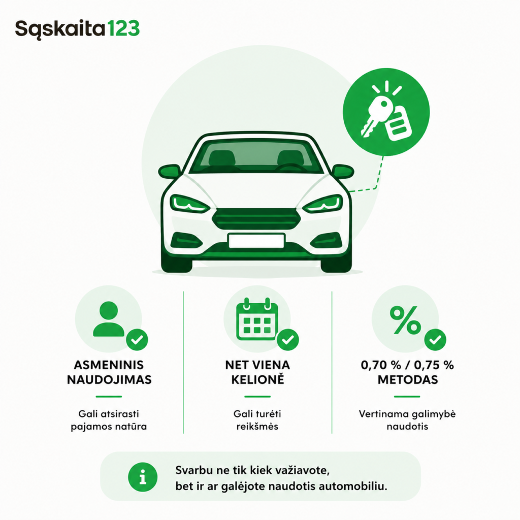 Infografika lietuvių kalba, kurioje pavaizduotas automobilis ir trys piktogramos: asmeninis naudojimas, bent viena kelionė ir transporto priemonės naudojimo procentiniai rodikliai (0,70 %/0,75 %), taip pat pateiktos pastabos apie automobilio naudojimo apskaitą.
