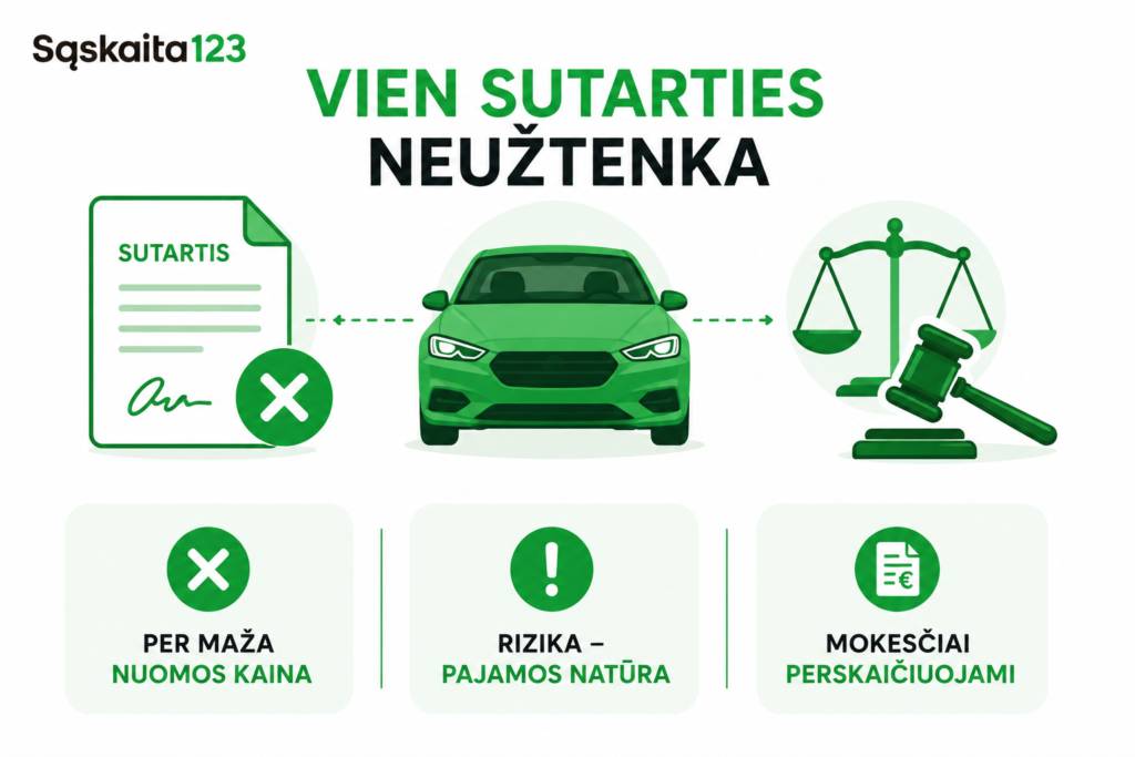 Žalias automobilis stovi tarp sutarties su &bdquo;X&ldquo; ir svarstyklių su plaktuku. Apačioje pavaizduotos trys piktogramos: maža nuoma, rizika &ndash; pajamos natūra ir perskaičiuoti mokesčiai. Tekste ra&scaron;oma, kad vienos sutarties nepakanka.