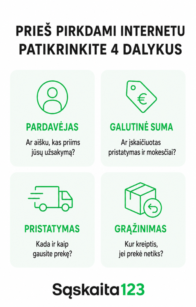 Infografika lietuvių kalba, kurioje i&scaron;vardyti keturi dalykai, kuriuos reikia patikrinti prie&scaron; perkant internetu: pardavėjas, bendra kaina, pristatymas ir grąžinimas; prie kiekvieno punkto pateiktos atitinkamos piktogramos, o apačioje &ndash; &bdquo;Sąskaita123&ldquo; logotipas.