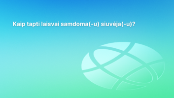 Mėlynai-žalio spalvų perėjimo fone lietuvių kalba parašyta: „Kaip tapti laisvai samdoma(-u) siuvėja(-u)?“, o dešinėje pusėje pavaizduota balta pasaulio piktograma.