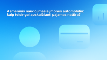 Mėlynas fonas su tekstu lietuvių kalba apie įmonės transporto priemonių naudojimo asmeniniams tikslams apskaičiavimą. Fone švelniai matomos abstrakčios figūros, tarp jų – apskritimai ir stačiakampiai.