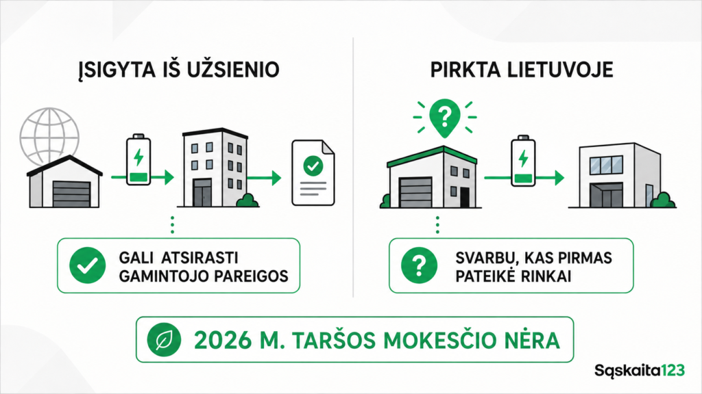 Infografika, kurioje lyginami pirkimai užsienyje ir Lietuvoje, su pastatų piktogramomis, varnelėmis ir tekstu, paaiškinančiu 2026 m. aplinkosaugos mokesčių taisykles. Žalia ir balta spalvų gama. Tekstas lietuvių kalba.