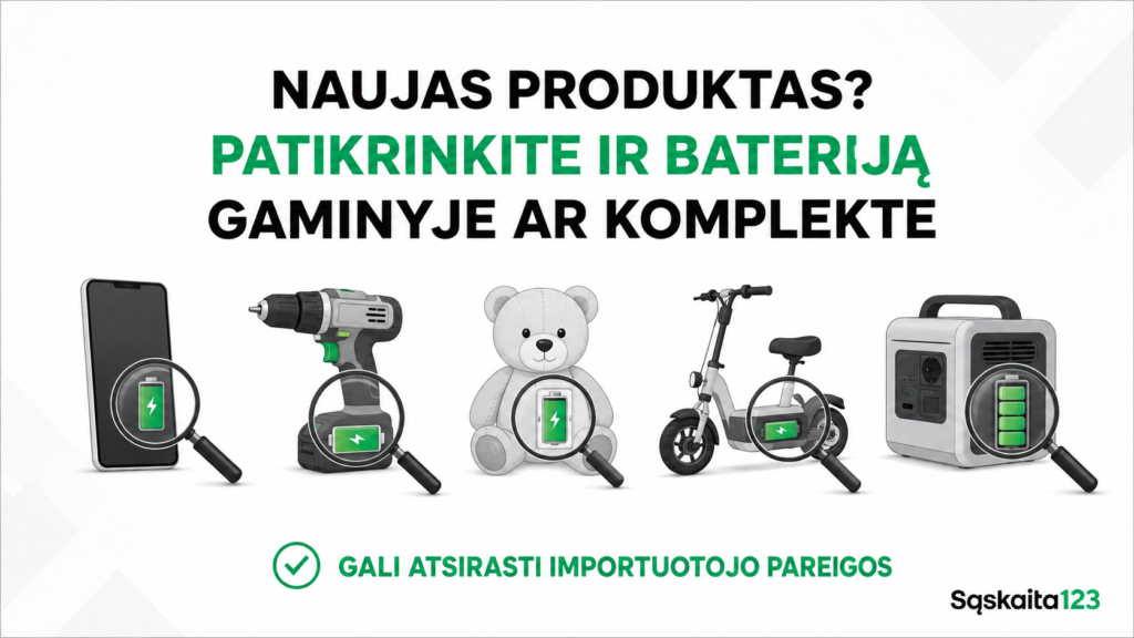 Lietuviškas tekstas ir elektroninių prietaisų paveikslėliai: telefonas, elektriniai įrankiai, motoroleris, generatorius – prie kiekvieno iš jų pavaizduota žalia baterijos piktograma ir didinamojo stiklo simbolis. Nurodymas patikrinti, ar naujuose gaminiuose yra baterijų.