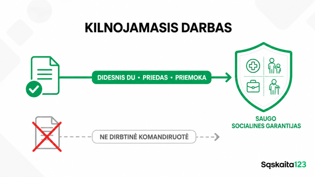 Diagrama su tekstu, iliustruojančiu mobilaus darbo privalumus: didesnis darbo užmokestis, premijos ir priedai, užtikrinantys socialinę apsaugą; jei nėra raštiško komandiruotės įsakymo, tai reiškia, kad nėra oficialios komandiruotės. Dešiniame apatiniame kampe pavaizduotas „Sąskaita123“ logotipas.