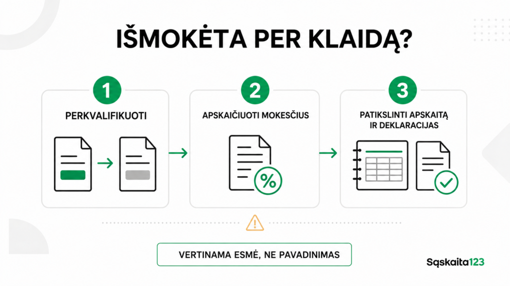 Trijų etapų schema lietuvių kalba apie finansinių klaidų taisymą, kurioje pavaizduotas dokumentų pakartotinis vertinimas, mokesčių apskaičiavimas ir sąskaitų bei deklaracijų tikrinimas, su piktogramomis, žyminčiomis kiekvieną etapą.