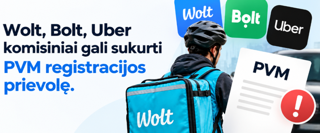 &Scaron;alia &bdquo;Wolt&ldquo;, &bdquo;Bolt&ldquo; ir &bdquo;Uber&ldquo; logotipų pavaizduotas kurjeris, ne&scaron;antis &bdquo;Wolt&ldquo; kuprinę, o &scaron;alia pateiktas tekstas apie komisinius mokesčius, dėl kurių gali atsirasti reikalavimas registruotis PVM mokėtoju.