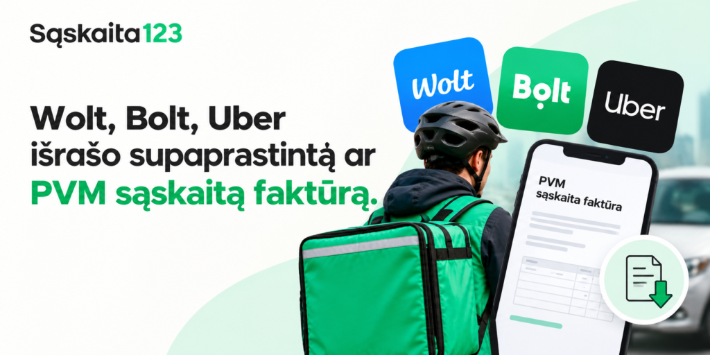 Prie &bdquo;Wolt&ldquo;, &bdquo;Bolt&ldquo; ir &bdquo;Uber&ldquo; logotipų stovi pristatymo kurjeris su žaliu mai&scaron;eliu. Telefono ekrane matoma sąskaita. Tekste lietuvių kalba aptariamos sąskaitos už pristatymo paslaugas.