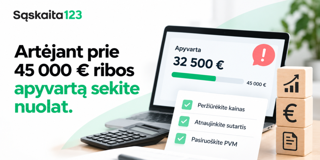 Ne&scaron;iojamasis kompiuteris rodo pajamų grafiką su įspėjimu ties 32 500 eurų riba. Tekstas lietuvių kalba pataria stebėti apyvartą. Taip pat matomi blokai su rodyklėmis, skaičiuotuvas ir kontrolinis sąra&scaron;as.